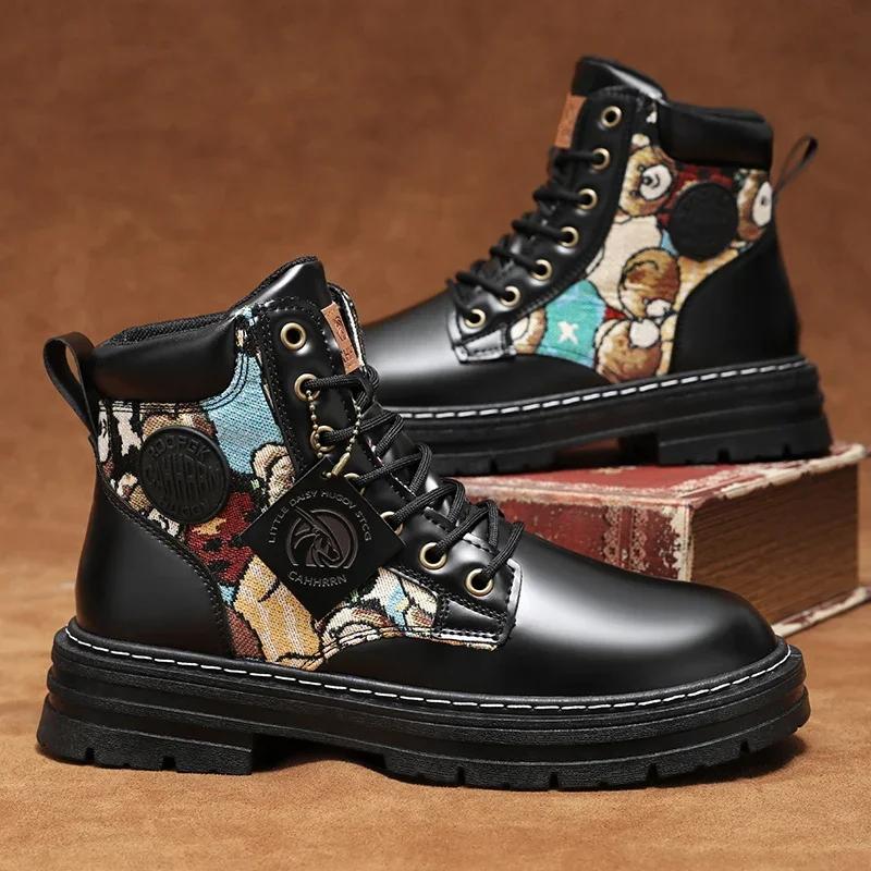 Módní nové pánské vysoké boty 2024 Módní ležérní motocyklové boty Venkovní teplé pánské pracovní boty Platforma Protiskluzové boty Botas Para Hombre