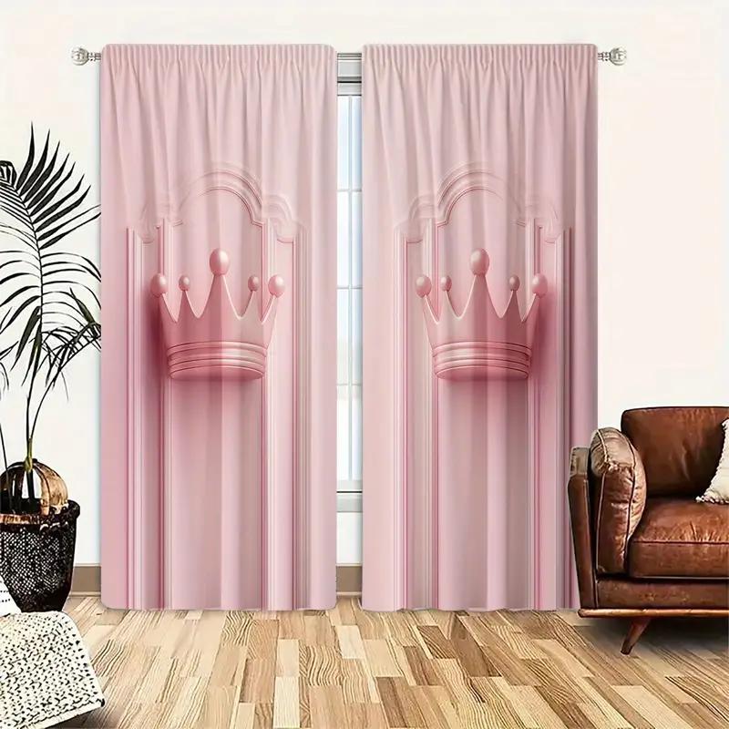 2PCS Pink Crown Curtains   Polyester Material Design with Rod Bags   Bedroom   Home Decoration