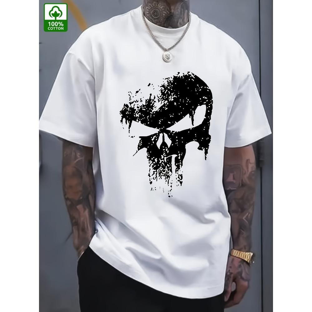 Europäische Größen Herren Sommer Freizeit Kurzarm T-Shirt - Totenkopf-Print Design, Locker geschnittenes Rundhals-T-Shirt für Outdoor & Alltag, Atmungsaktiv