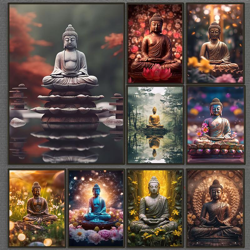 Zen Religion Meditation Buddhism Poster and Print Canvas Painting Wall Art Buddha In Nature Abstract Picture for Room Home Decor