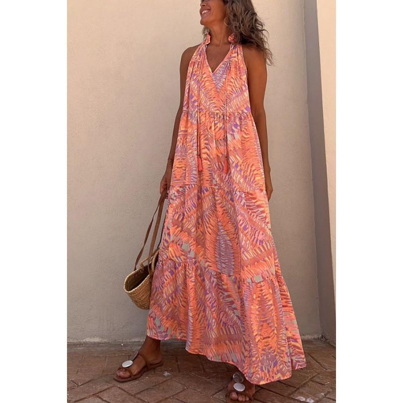 Loose Fit Printed Halter Neck Sleeveless V-Neck Maxi Dress With Flared Skirt Streetwear Casual Outfit