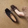 French small square head Mary Jane shoes women's spring and summer suede light mouth bow retro thick heel flat shoes small single shoes