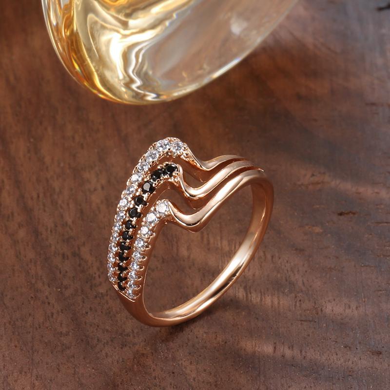 Luxury Rose Gold Natural Black Zircon Ring Fashion 3 Rows Waves Rings For Women Vintage Wedding Jewelry