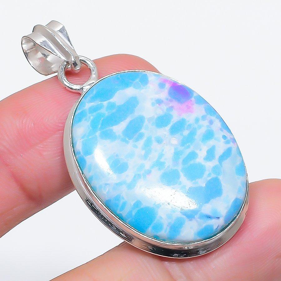 Natural Larimar Gemstone Handmade 925 Sterling Silver Jewelry Pendant 1.85" P1C53
