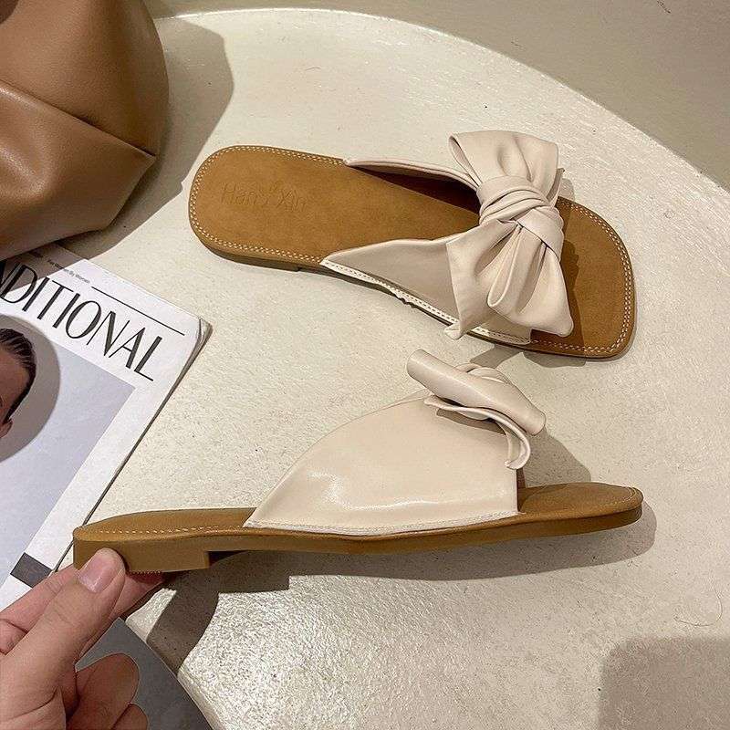 Bow Maternity Slippers Women's Summer Wear Flat Bottom Fashionable Versatile Word Soft Bottom Comfortable Non-slip Cool Slippers