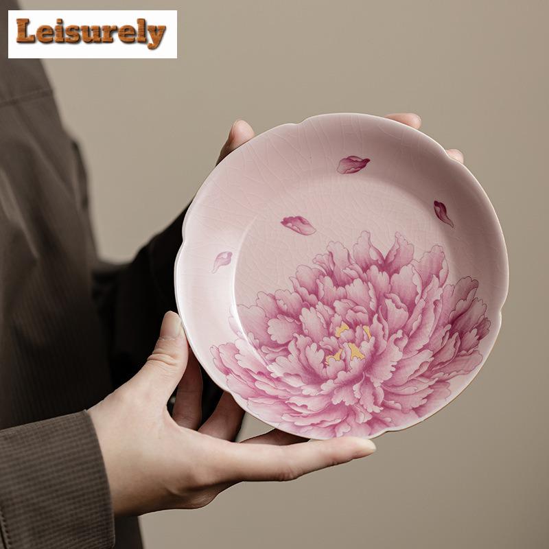 Pink Peony Flower Ru Kiln Porcelain Pot Bearing Holder Handmade Dry Brew Table Tea Tray Kung Fu Tea Chinese Tea Set Decoration