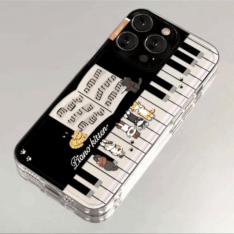 

Cute Piano Cat Phone Case For iPhone 17 16 15 11 12 14 13 Pro Max Mini X XS XR 7 Plus 16E Shockproof Soft Silicone Cover Fundas iPhone 7 Plus