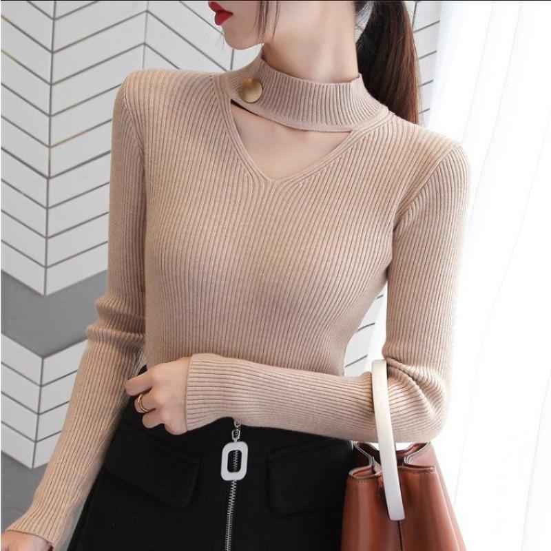 Hollow Hanging Neck V-neck Long-sleeved Autumn and Winter Sweater Women's Slim Knitted Bottoming Shirt Tops