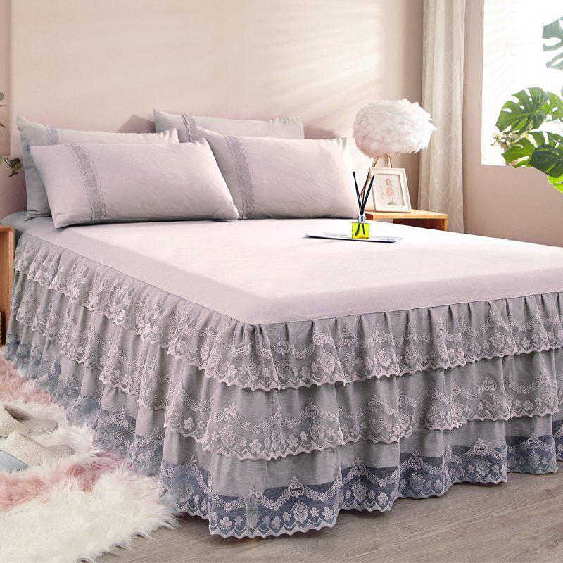 Lace Ruffled Bed Skirt Lace Lace 3 Pcs Set Non-slip Mattress Cover Princess Style Non-pilling Bedroom Bed Cover 3 Pcs Set