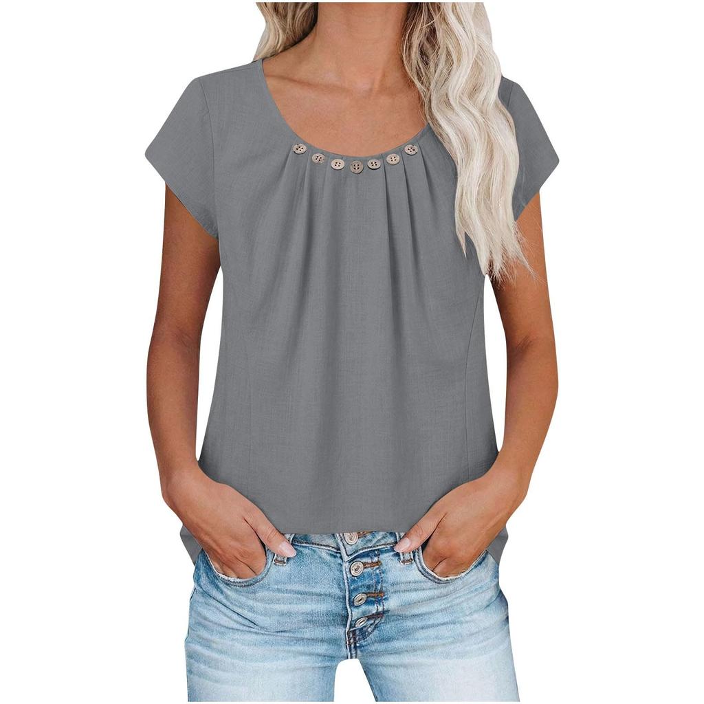 Women's Casual Pleated Button-Up Short-Sleeve T-Shirt Top