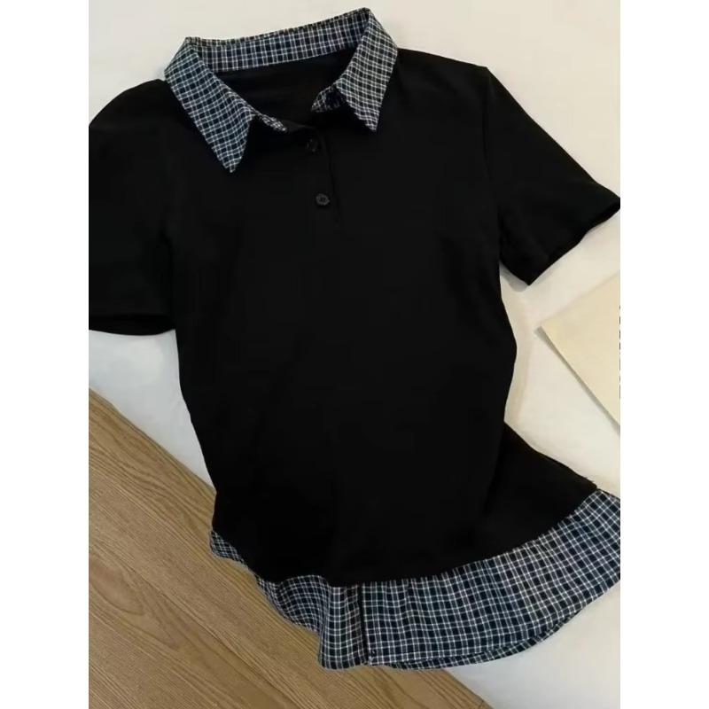 Vintage Lapel T-shirt Fake Two-piece Short-sleeved Tees Fashionable College Style Polo Collar Uniform T-shirt Patchwork Slim