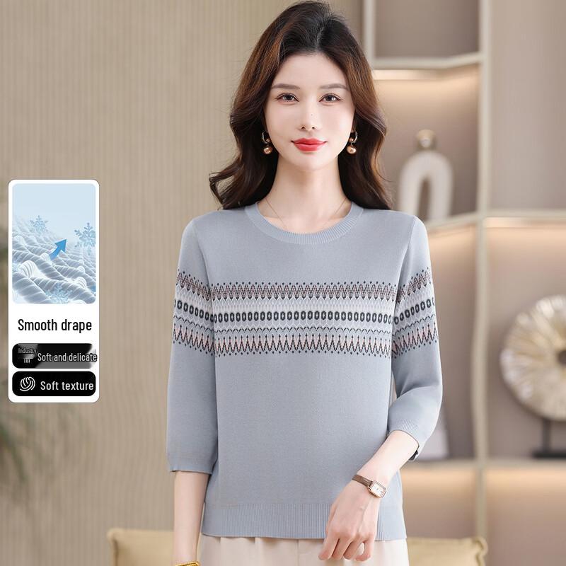 SNOWFLYING Women s Elegant Fair Isle Colorblock Jacquard Nine-Sleeve Knit Top XL