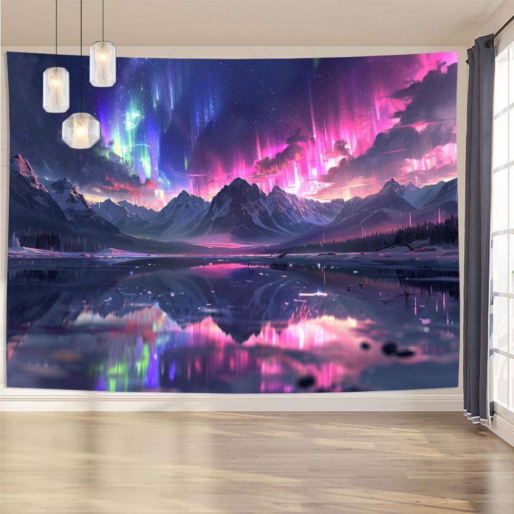 Northern Lights Snowy Mountain Tapestry Vibrant Aurora Nature Landscape Wall Hanging Art Decor for Home Room Party