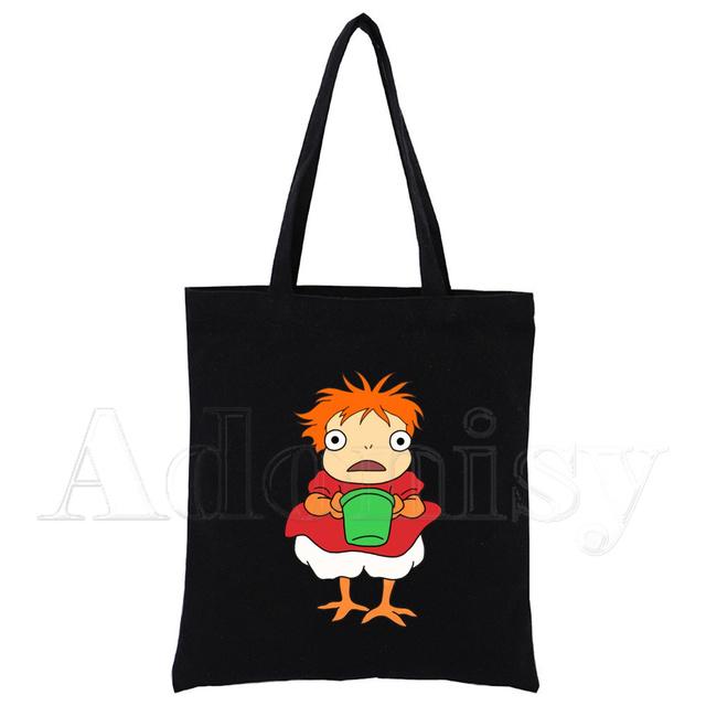 Ponyo Canvas Negru Geantă pentru cumpărături Geantă reutilizabilă din pânză de umăr Geantă de carte Cadou
