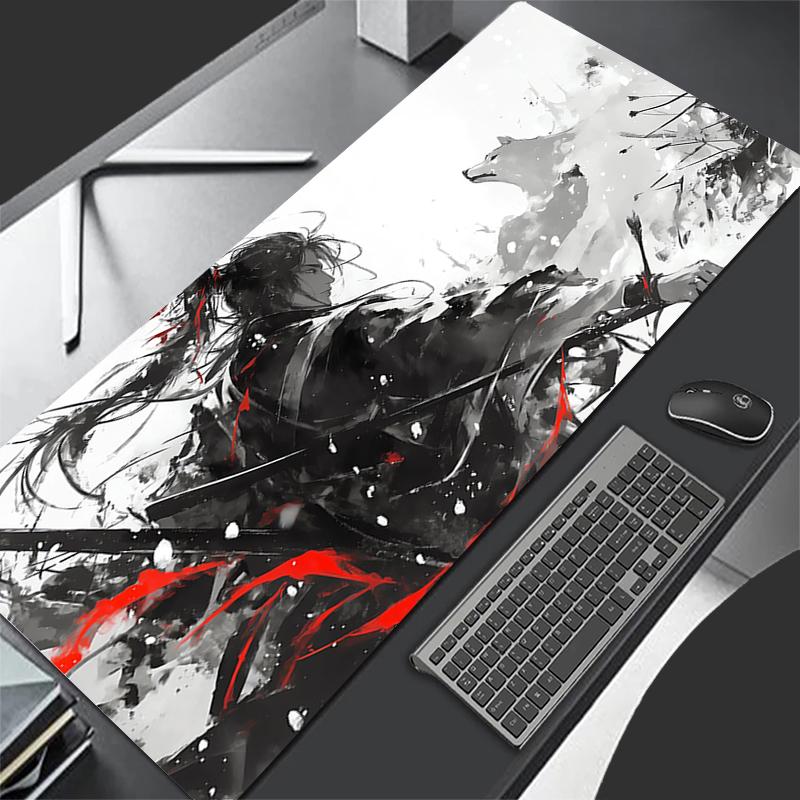 Mond Samurai Wolf Mauspads PC Cool Roter Anime Junge Tastaturteppich Gamer Schrank Mauspads Laptop Schwarz und Weiß Erweiterte Schreibtischmatte