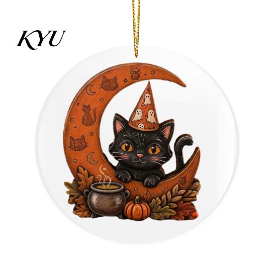 Christmas Tree Ornaments Halloween Ghost Hanging Ornament, Double Side 2D Acrylic Black Cat Bat Skull Festive Home Decor Pendant for Door Window,