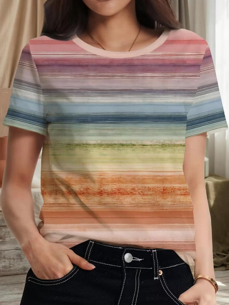 Women's Contrasting Striped Printed T-Shirt Round Neck Loose Short Sleeved Fashion Simple Commuting Top Y2k Tee Woman Clothing