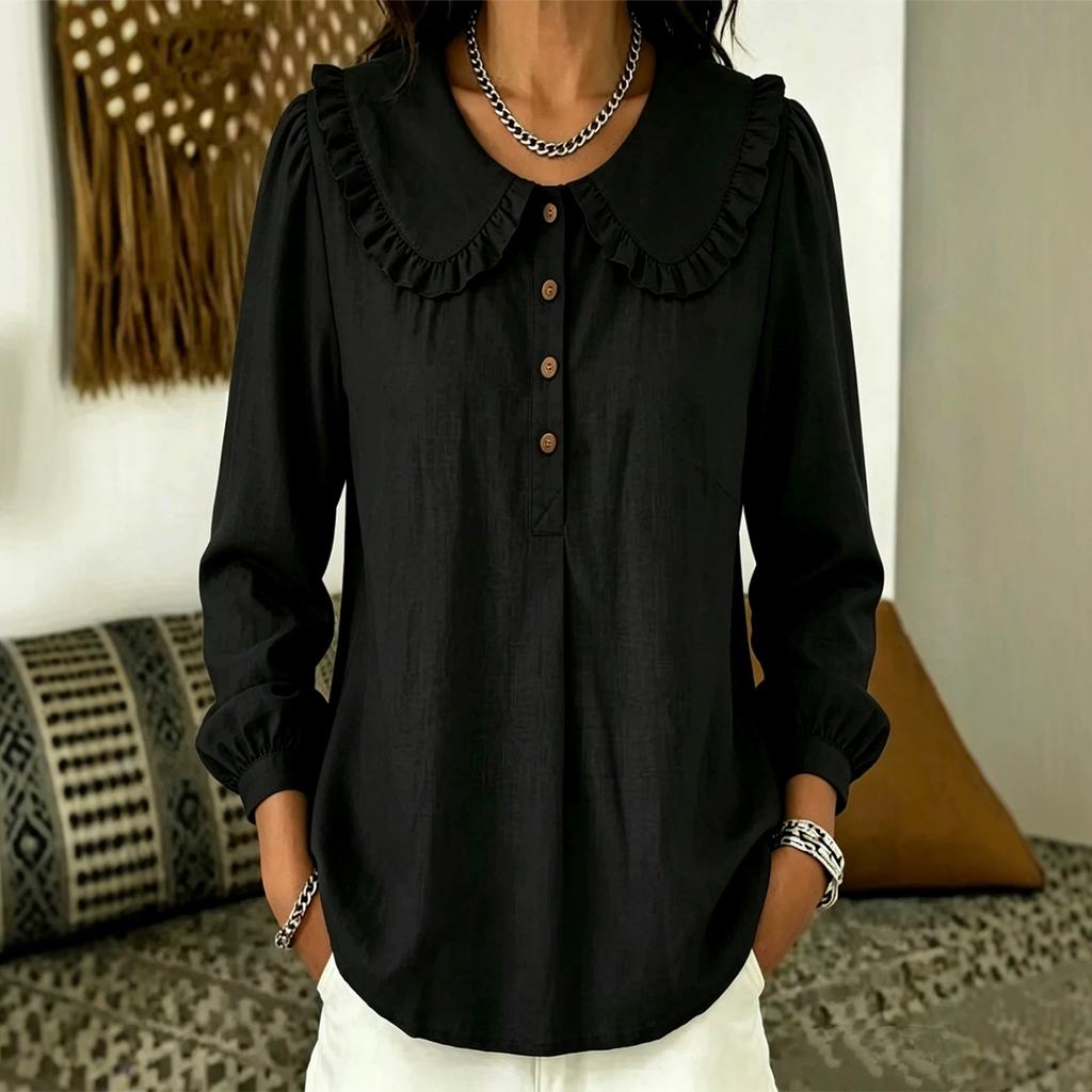 Women's Color Cotton Linen Loose Fit Long Sleeve Top with Collar