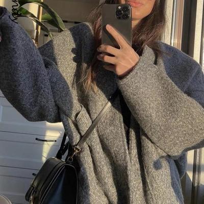 Women's Casual Loose Stand Collar Jackets Spring Warm Grey Button Long Sleeve Bombers Fashion Plush Solid Female Outwear