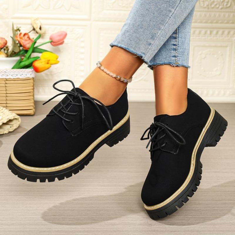 Women Plus Size Lace Up Mid Heel Loafers Round Toe British Style New Autumn Leather Shoes