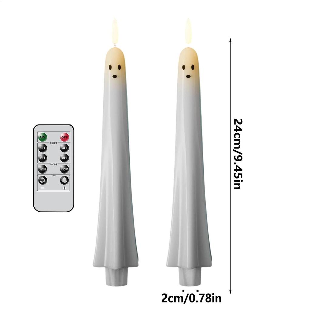 2pcs Flameless Flickering LED Candles Light Ghost Face Taper Candles with Remote Control and Timer Halloween Holiday Decorations