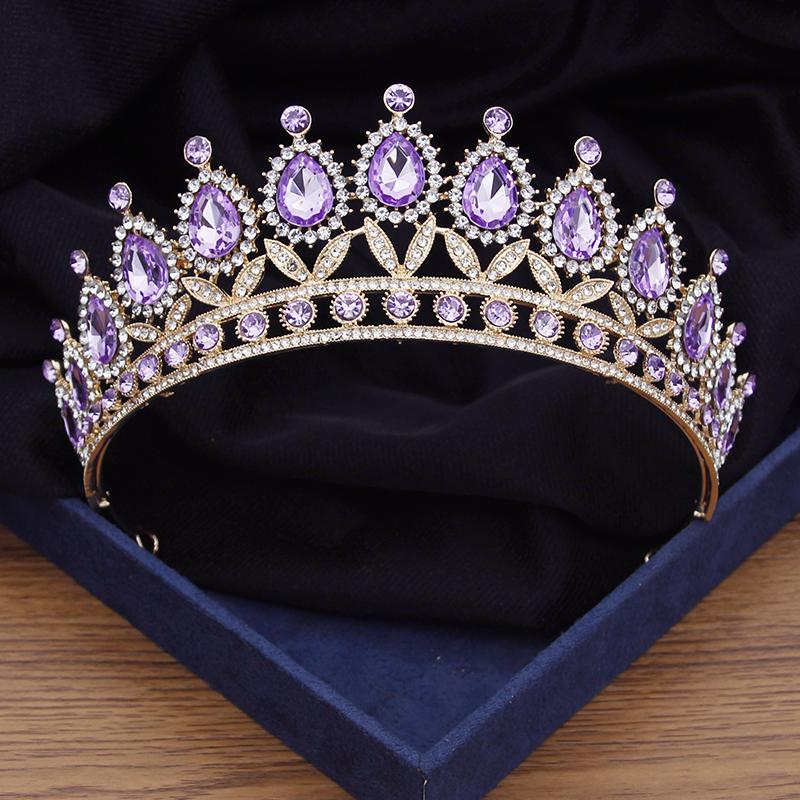 Baroque Purple Rhinestone Crystal Wedding Crown Silver Gold Colors Bridal Tiaras Party Prom Bride Headdress Hair Jewelry
