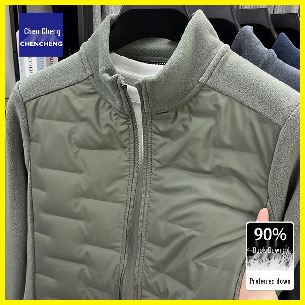 Men's Lightweight Winter Duck Down Jacket with Stand Collar and Warm Fleece