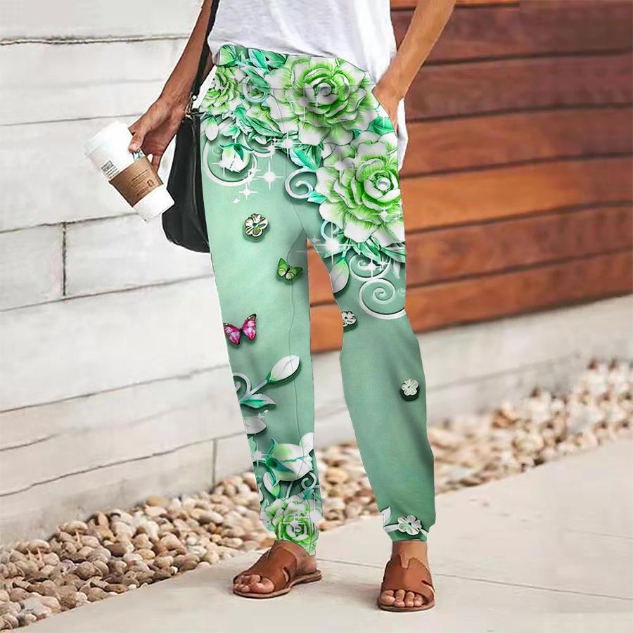 Women Flower Printing Pants Lace Up Elastic Waist Loose  Trousers Casual Long Pants Trousers with Pockets