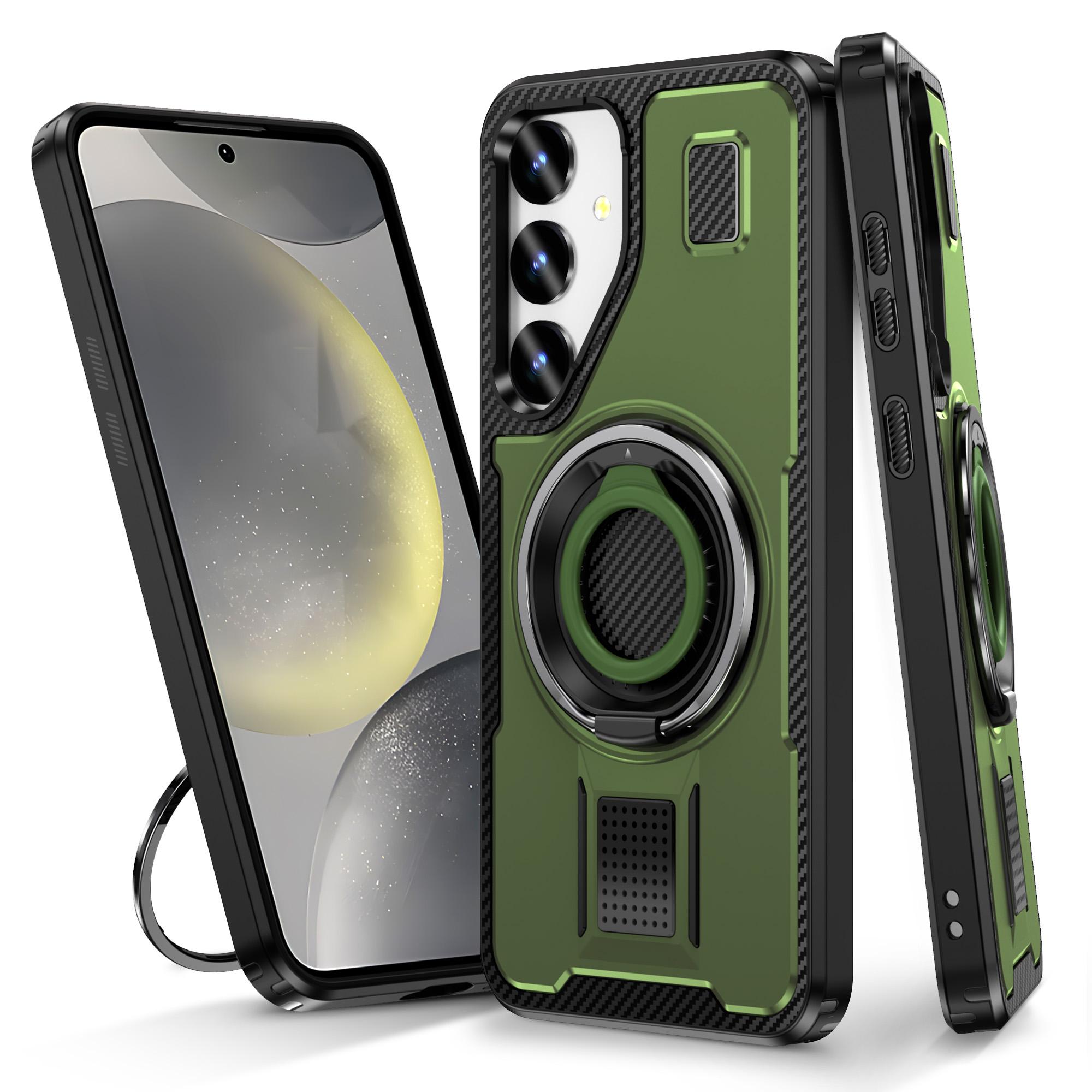 

For Samsung Galaxy S25 Case TPU+PC Kickstand Phone Cover with Silicone Finger Strap Army Green