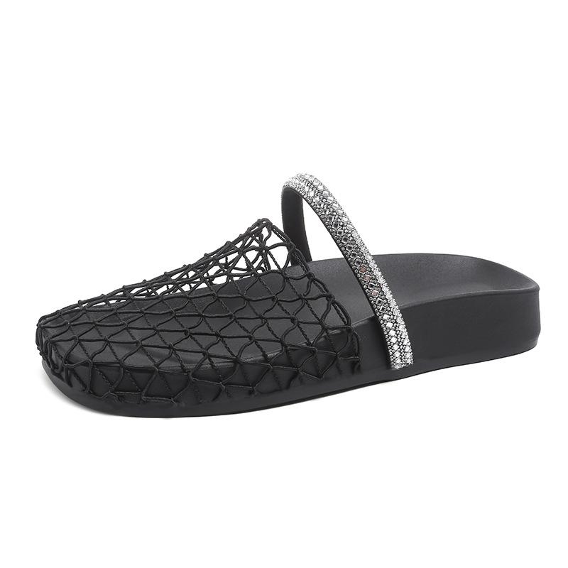 Summer New Fisherman Flat Bottom Round Head Baotou Half Slippers European and American Niche Fishing Net Woven Hollow Roman Cool Slippers