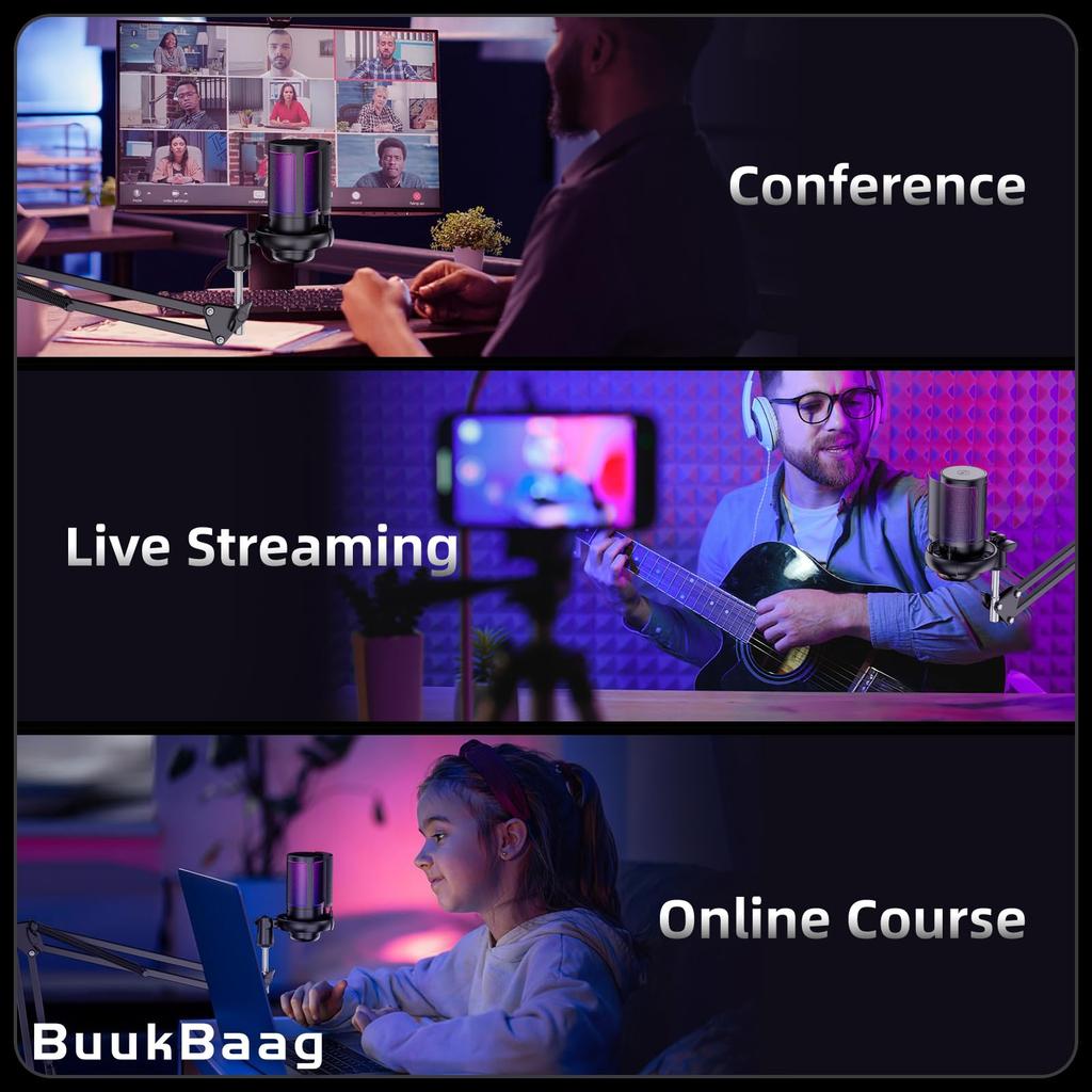 BuukBaag Condenser Microphone Mute Function Automatic Noise Gaming Microphone for RGB USB PC Streaming Microphone Compatible with [One-Click &