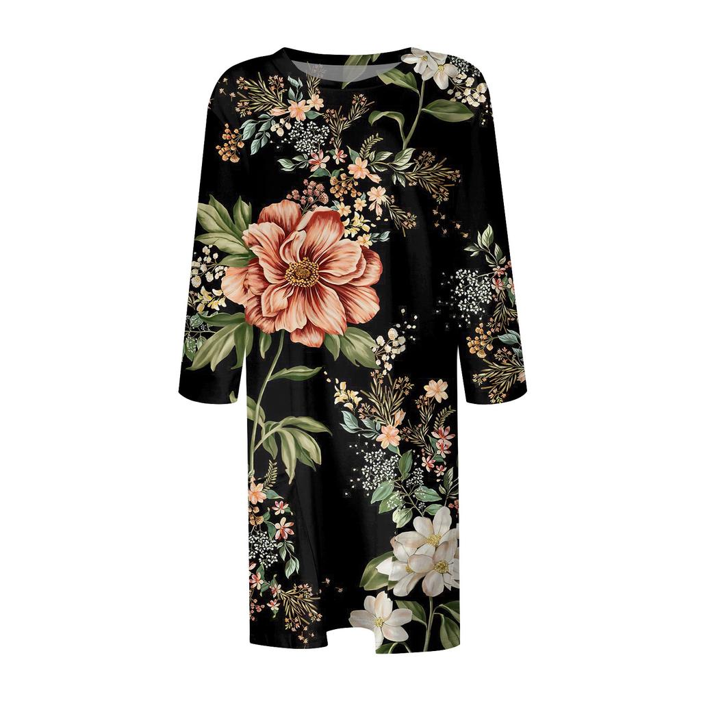 Women's Fashion Casual 3/4 Sleeve Print Round Neck Double Pocket T-Shirt Top