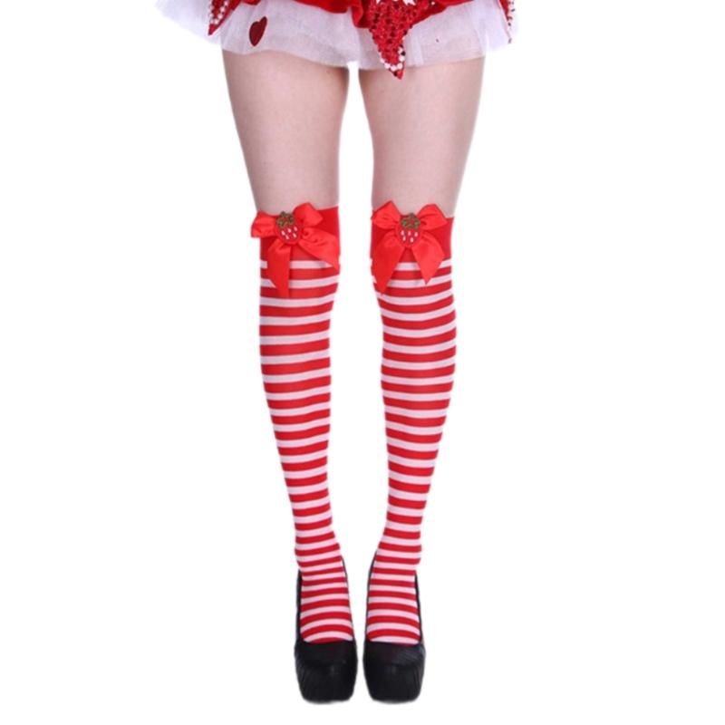 Sweet Bowknot Accent Thigh High Long Socks for Women Halloween Cosplay Parties Fishnet Striped Thigh High Stockings