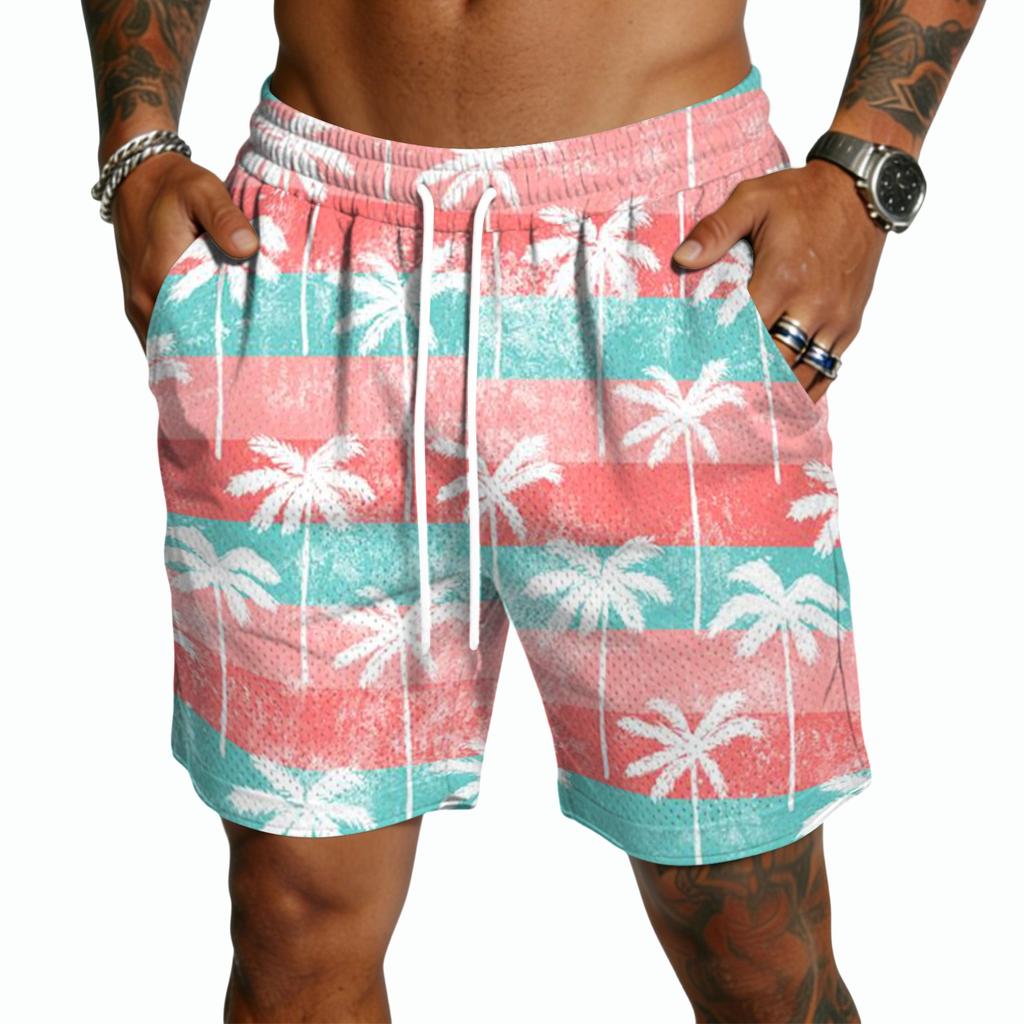 Men's Casual Drawstring Shorts Lightweight Quick Dry Five Inch Inseam Beachwear Hawaiian Print Summer Shorts