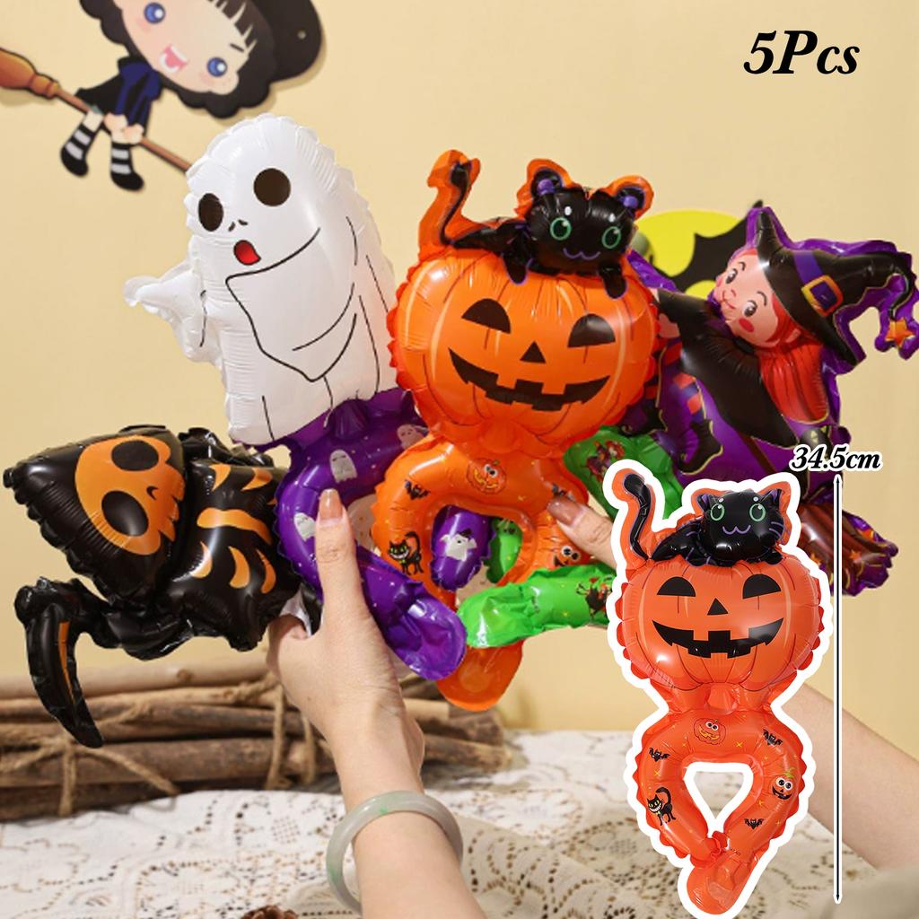 5/10 Pcs Halloween Balloons Party Decorations Cartoon Pumpkin Ghost Bat Aluminum Foil Balloon Handheld Stick Wrist Headband Kid