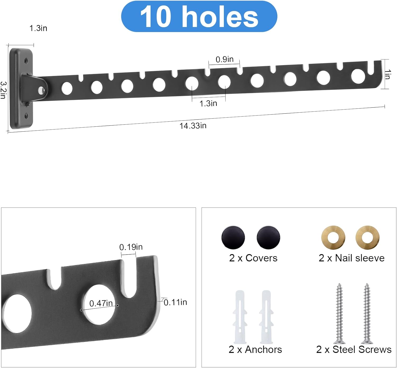 

Настенная вешалка для одежды, Складные сушилки для одежды, Прочная вешалка для развешивания одежды, Сушилка для белья(10-отверстий 1 Черный)