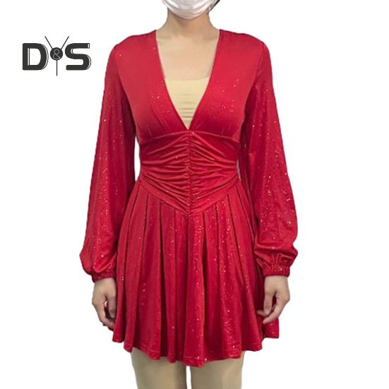 Women Dress Low Cut Deep V Neck Long Lantern Sleeves Solid Color Tight Waist Pleated A Line Big Swing Commute Lady Spring Summer Mini Dress