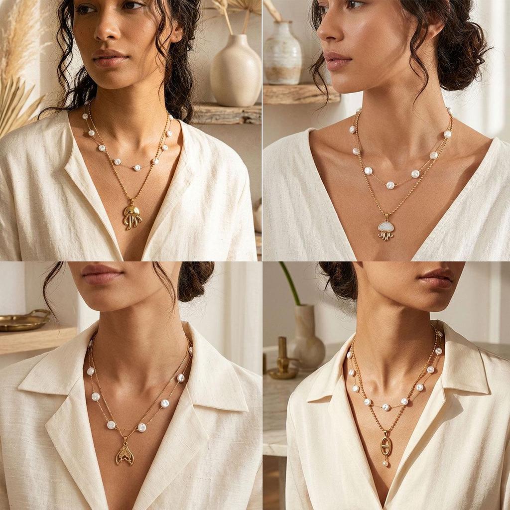 European & American Styled Layered Pearl Titanium Necklace: Stainless Steel, French Luxury Design for Women.