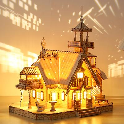 3D Wooden Puzzle Villa House Royal Castle with Light Assembly Toy Kid Adult DIY Model Kits Desk Decoration for Gift