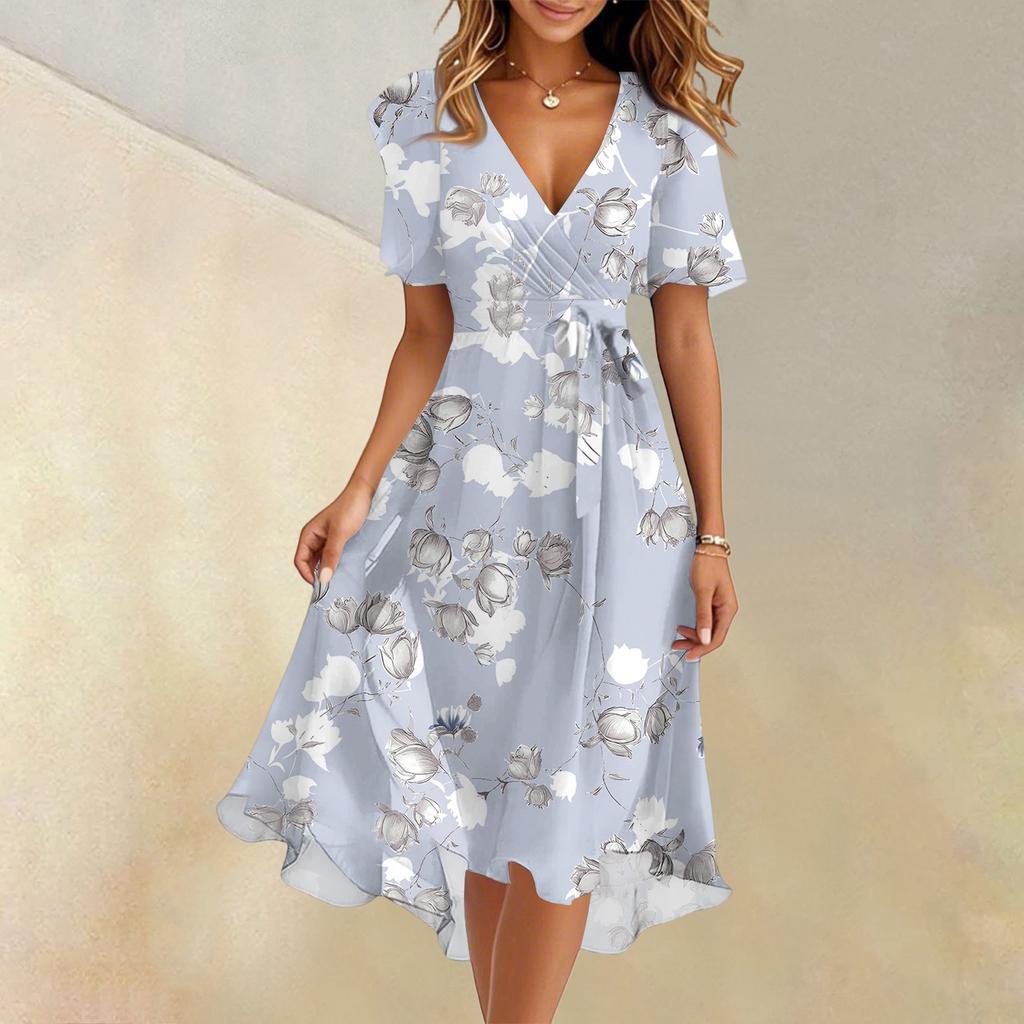 Dámské letní módní šaty s výstřihem do V a rozšířenou sukní, s krátkým rukávem, květinové šaty