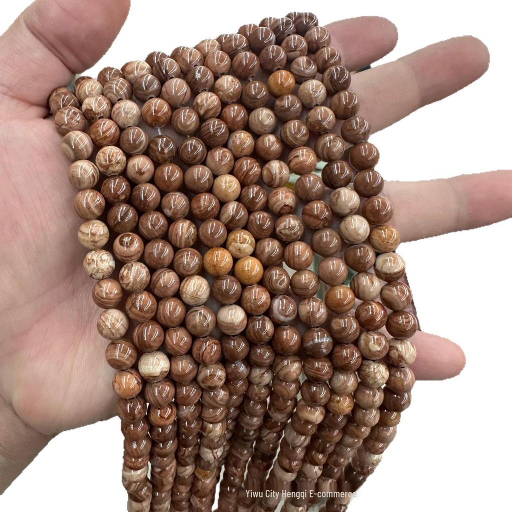 Coffee Wood Grain Stone Beaded Bracelet: Natural Round Beads Jewelry Accessory in Coffee Color