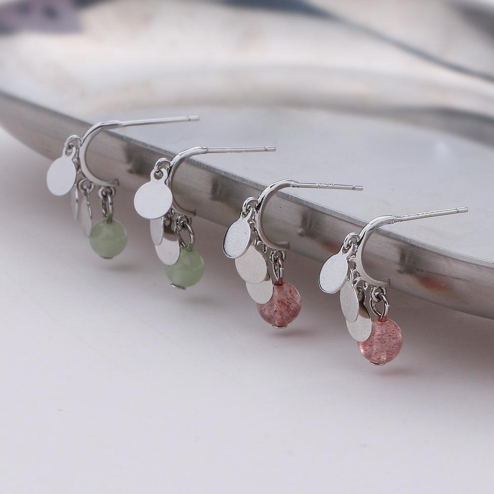 Tassel Semi-Round C-Shaped Earrings, Short Guochao Strokes Peach Blossom Luck, Strawberry Crystal Earrings, Women'S Small Disc Hetian Jade Earrings