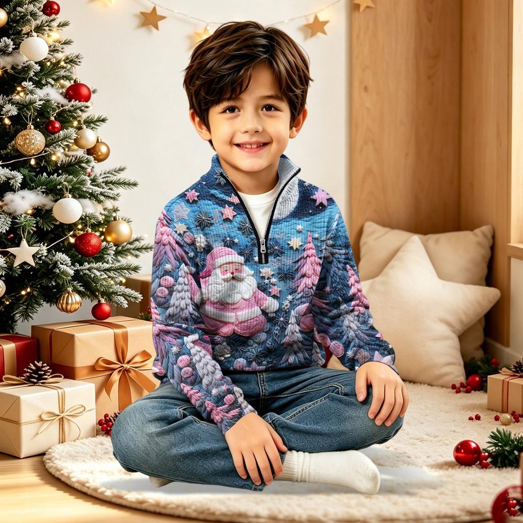 Children's Fashion - Quarter Zip-up Thick Needle Christmas Print Top