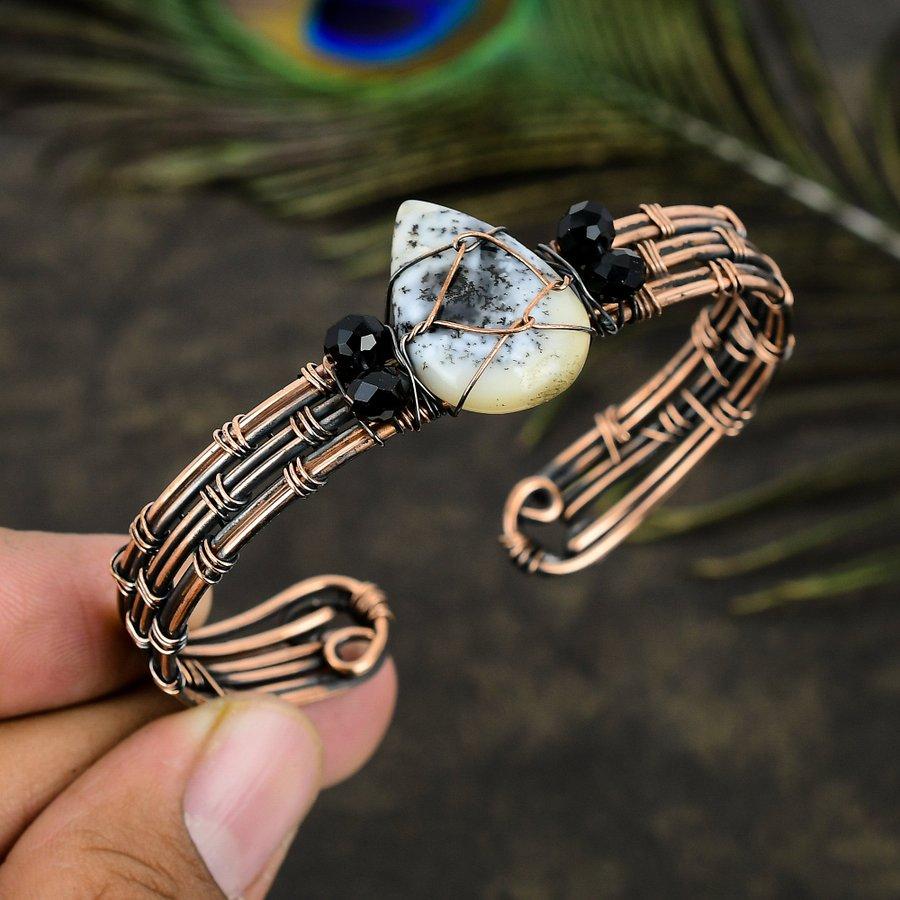 Brățară reglabilă din sârmă de cupru lucrată manual cu opal de dendrit natural T3m32