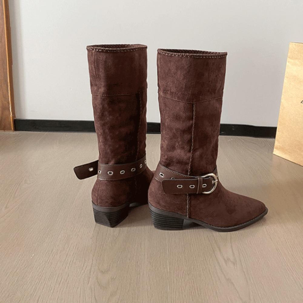 Women's High Boots Suede Retro Two-wear Medium Tube Pointed Boots Women's New Autumn Thick Heel Medium Heel Pleated Cowboy Boots