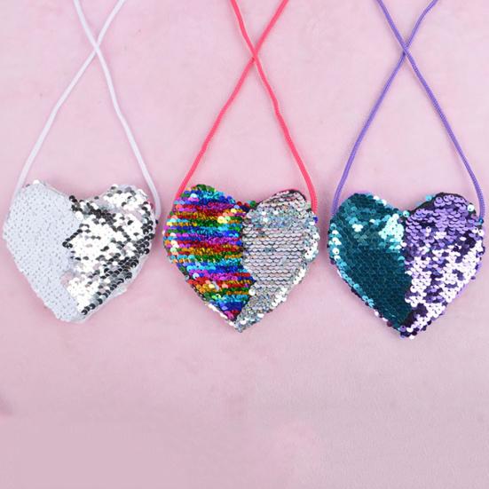 Borsa a Spalla Piccola Portamonete a Forma di Cuore con Doppi Colori e Paillettes per Bambina