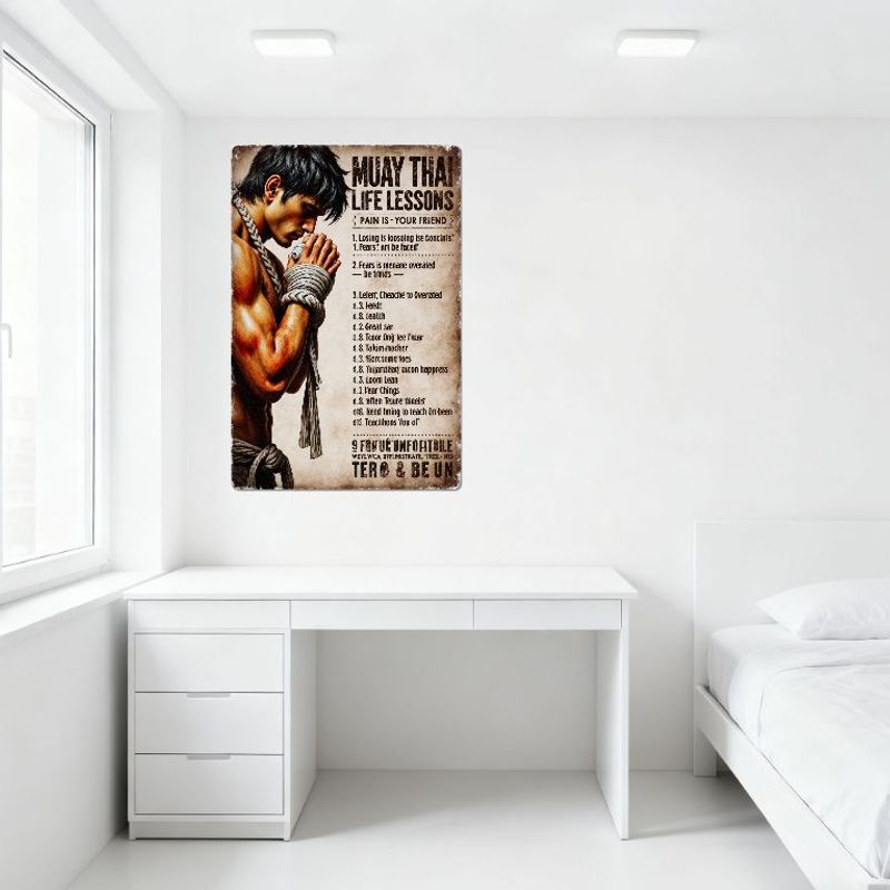 Vintage Muay Thai Life Lessons Metal Tin Sign, Pain Is Your Friend Motivational Wall Art for Gym Home Decor, Traditional Thai Bo