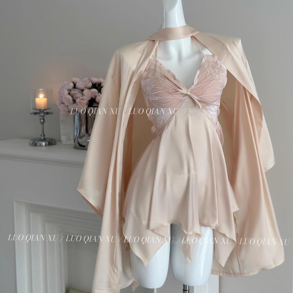 Mingjun Sukienka do spania z odkrytymi plecami, z wkładkami push-up i francuską kokardą