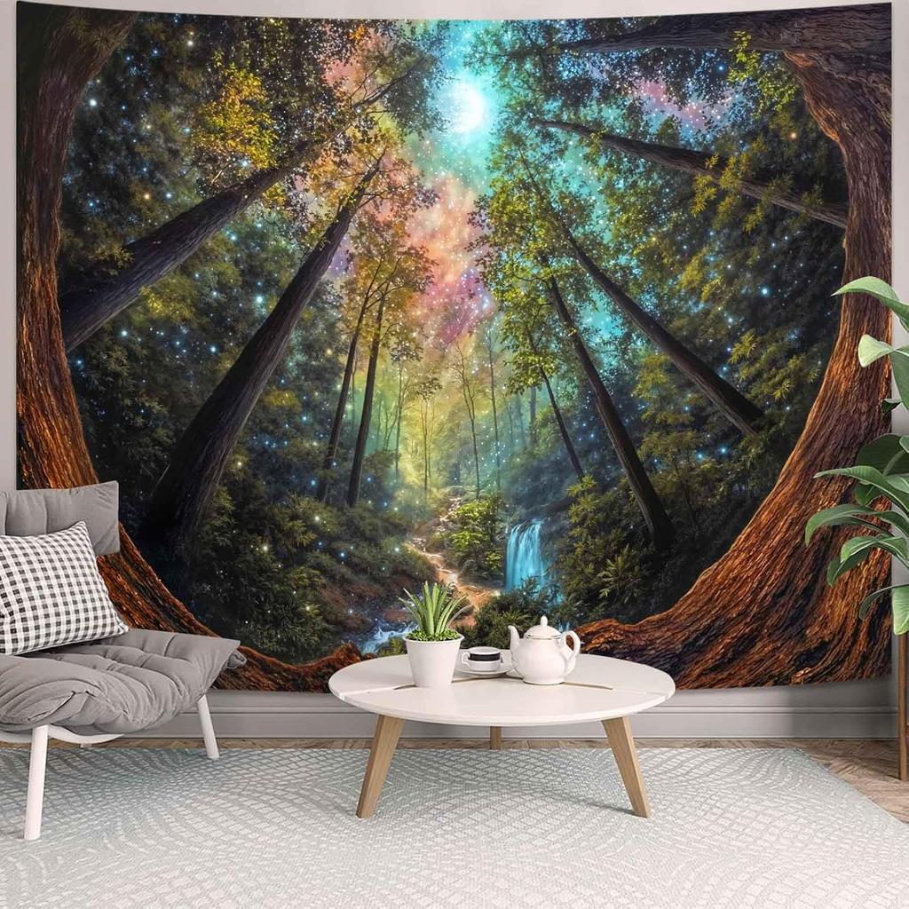Decorative Wall Tapestry Forest Nature Cosmic Waterfall Stars Boho Aesthetic Jungle Landscape Poster Home Decor Print