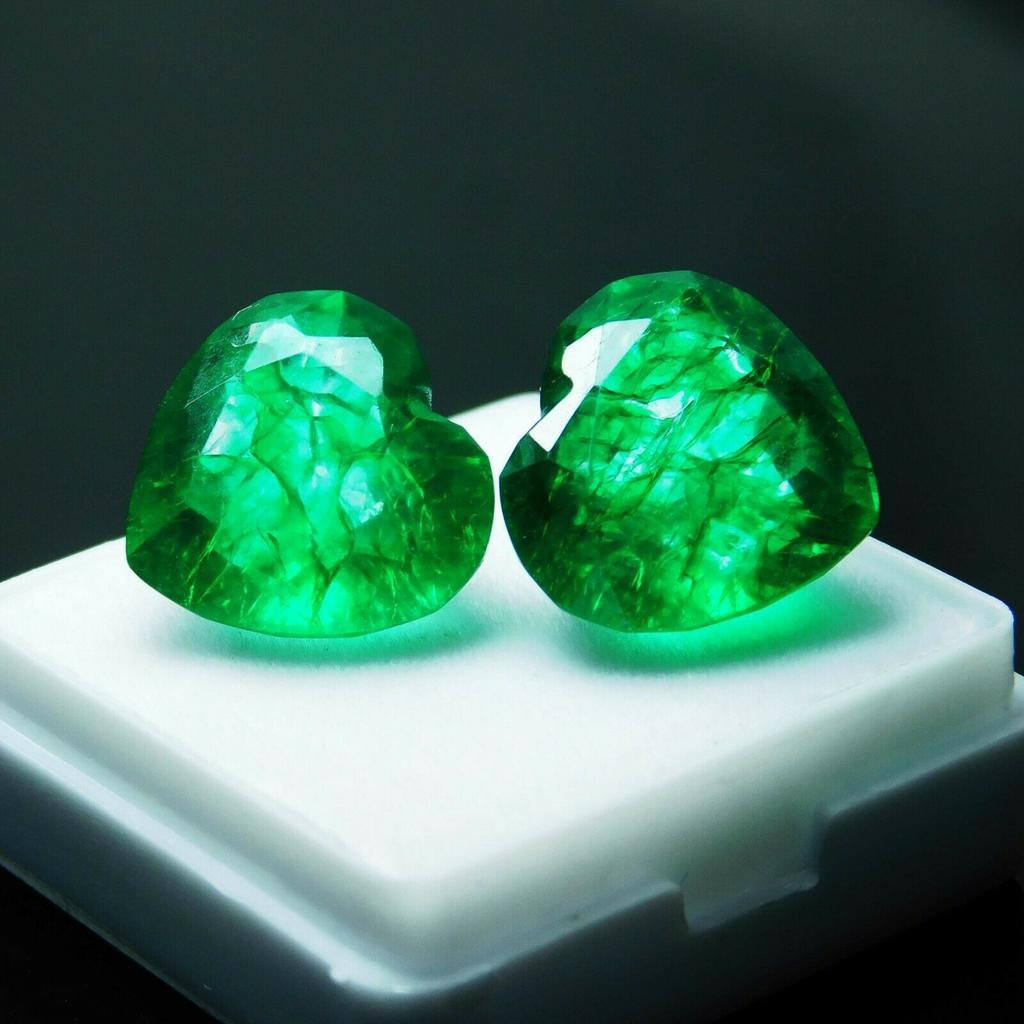 16 Ct Pair Natural Heart Emerald Green Shape Loose Gemstone CERTIFIED E-8hh 002